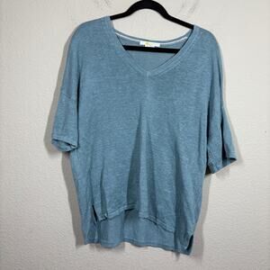 Boden Womens 10 Knit Linen Top Shirt Light Blue Pullover Side Slits V Neck